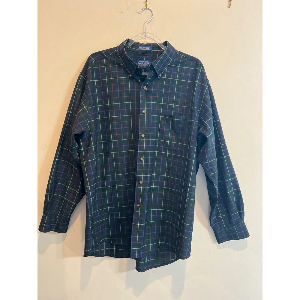 Sir Pendleton Mens XL Wool Hunting Tartan Plaid Button Down Shirt Green Navy XL